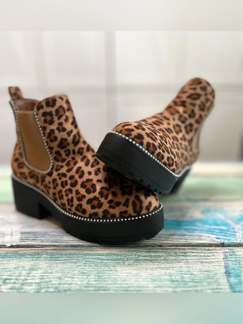 Tinstree Leopard Platform Chelsea Ankle Boots | Rhinestone Trim | NWOT - Picture 2 of 8